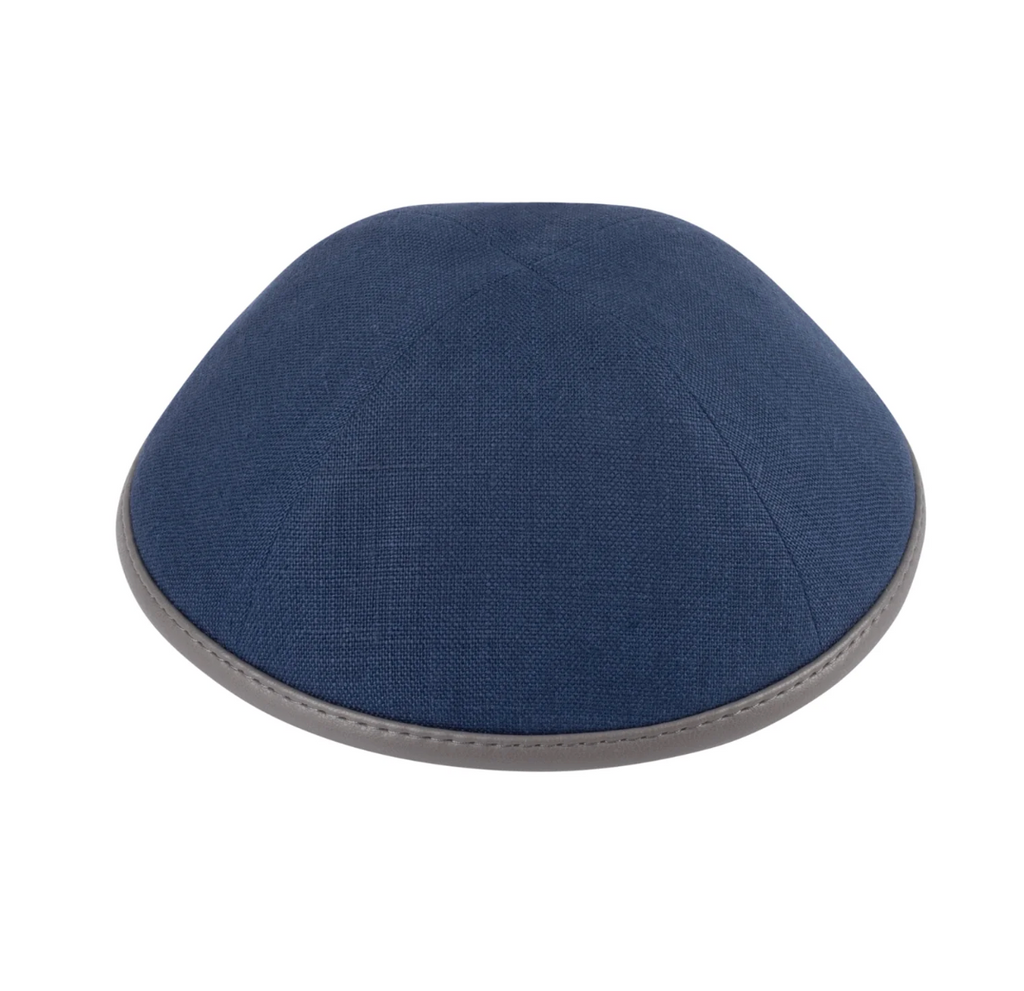 IKIPPAH | NAVY LINEN W/ GRAY LEATHER RIM YARMULKE