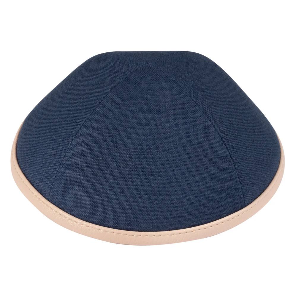 IKIPPAH | NAVY LINEN W/ LIGHT PINK LEATHER RIM YARMULKE