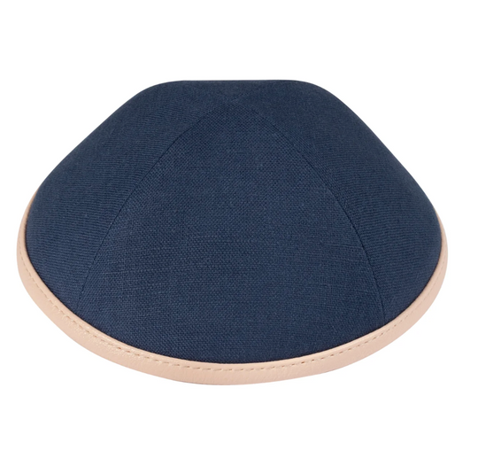 IKIPPAH | NAVY LINEN W/ LIGHT PINK LEATHER RIM YARMULKE