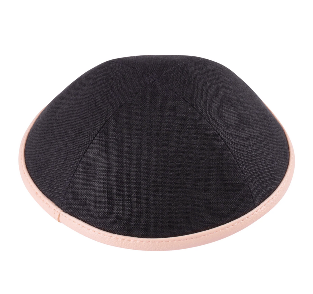 IKIPPAH | BLACK LINEN W/ LIGHT PINK LEATHER RIM YARMULKE