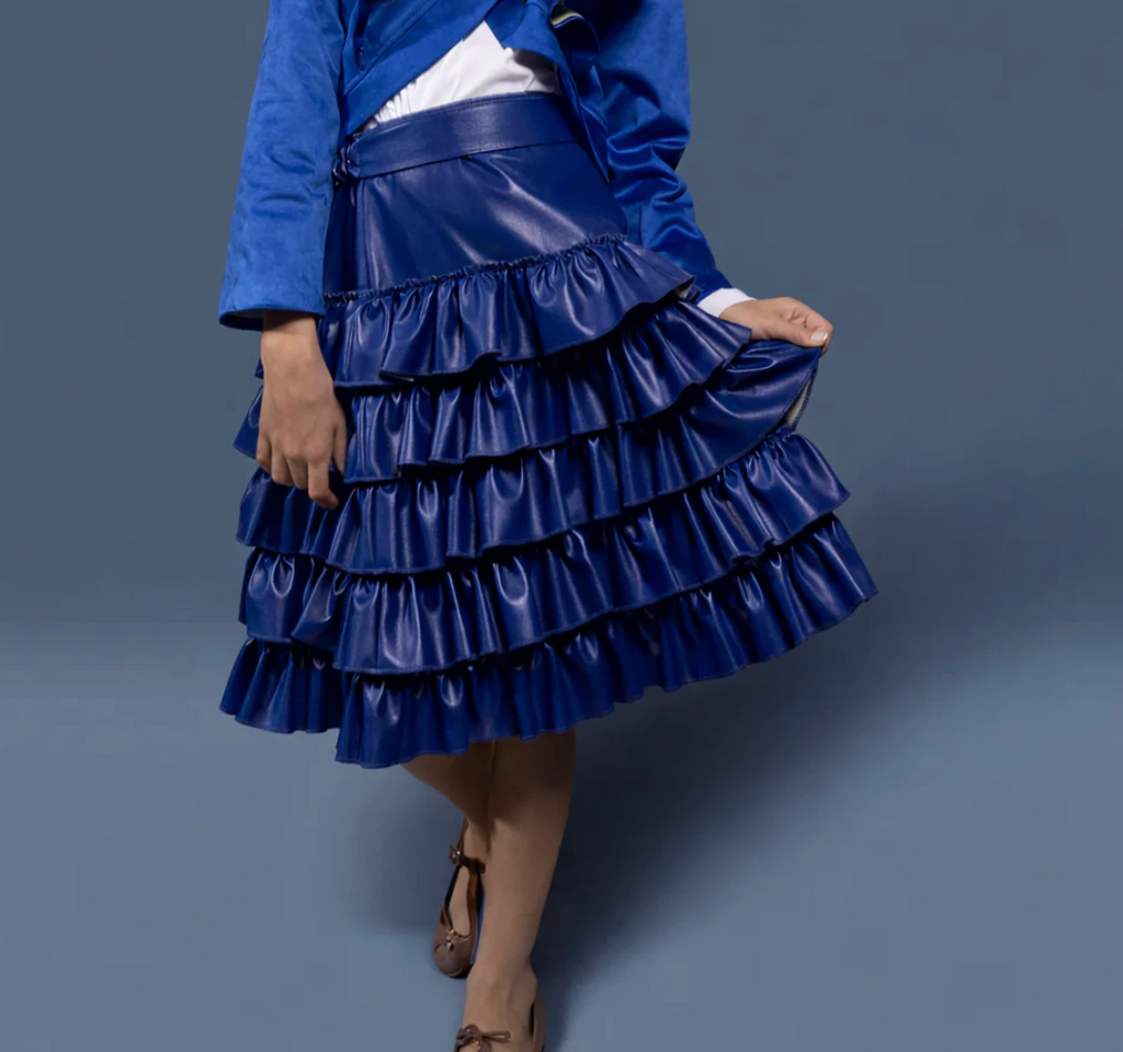 We The Kids | Cobalt Ruffle Leather Skirt
