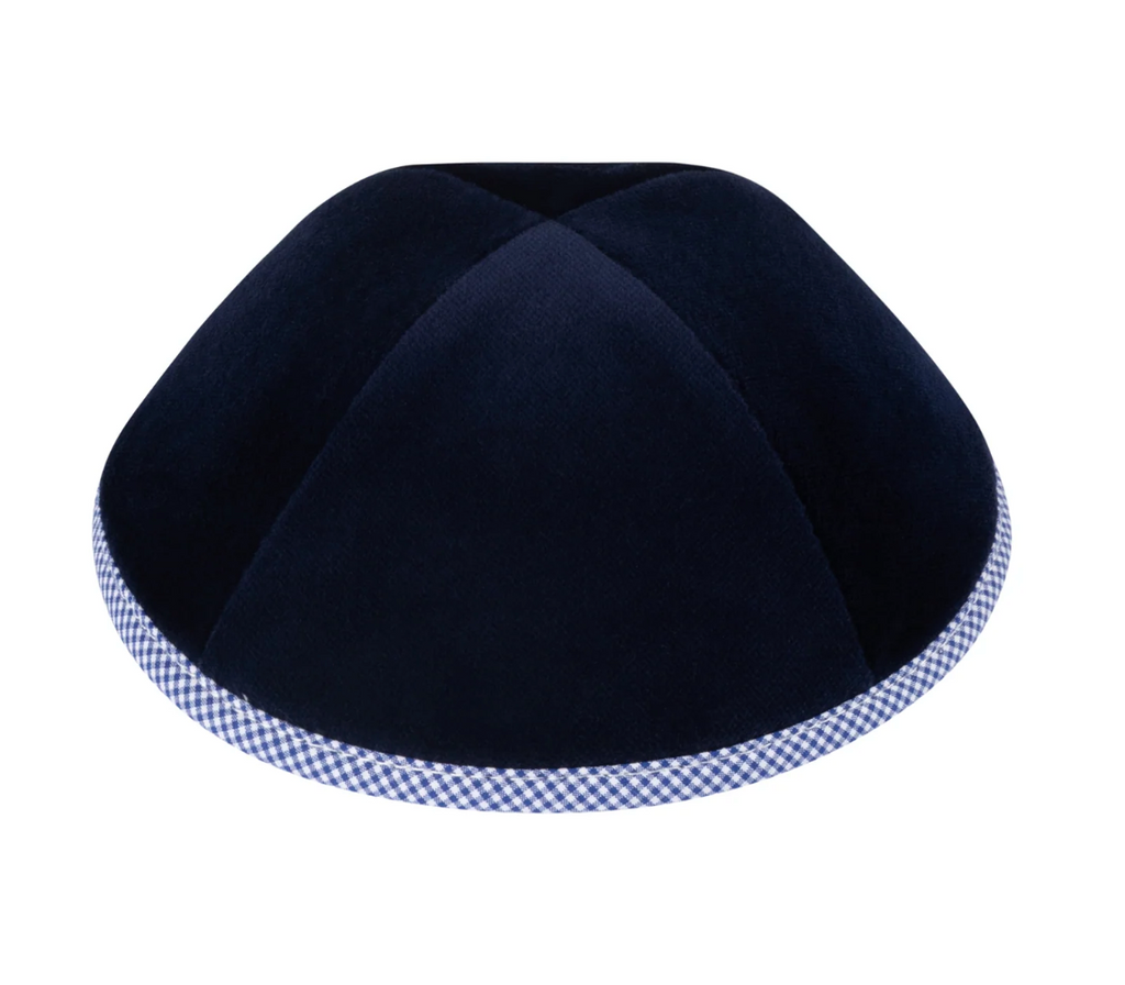 IKIPPAH | NAVY VELVET W/ GINGHAM RIM YARMULKE