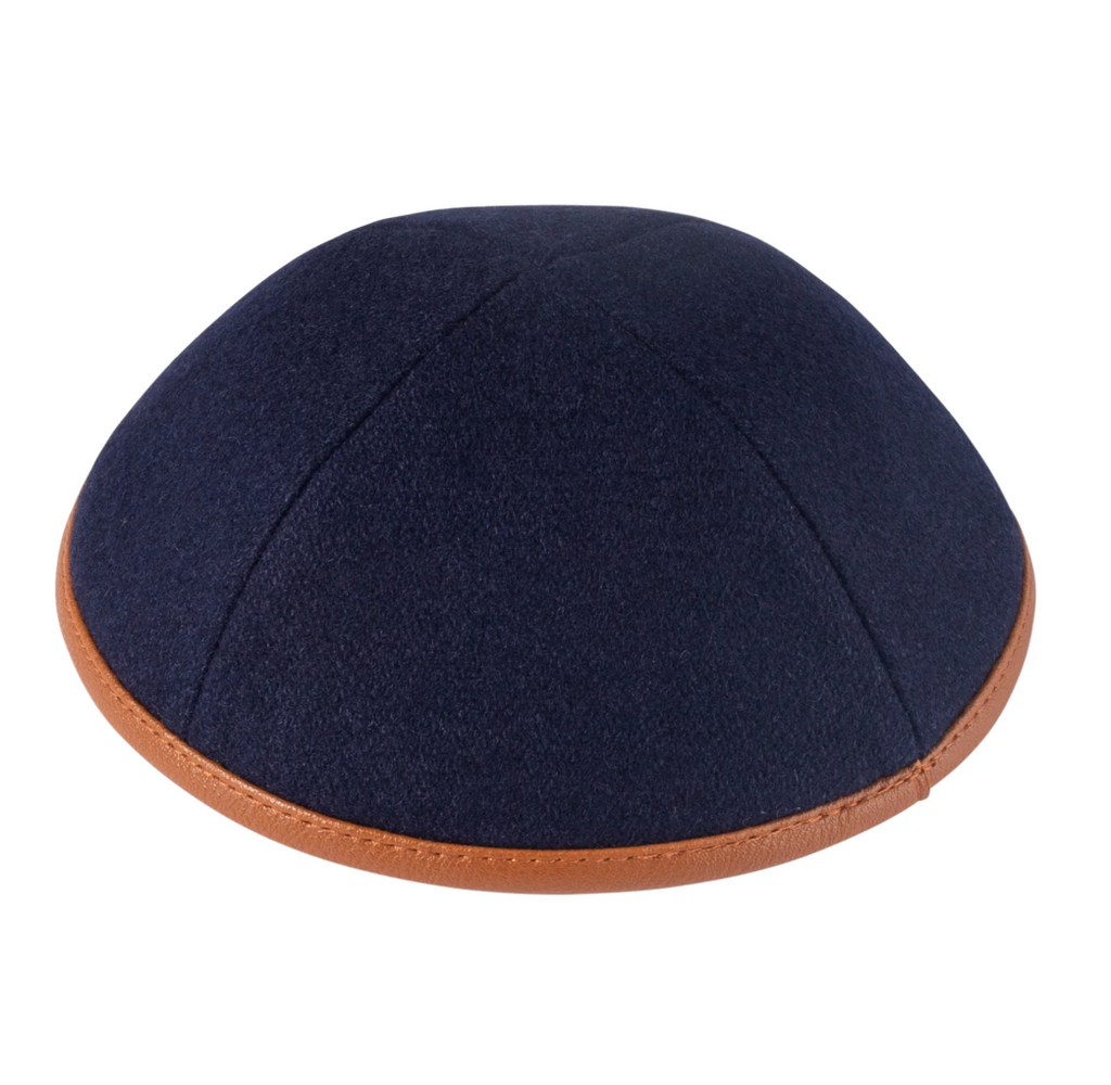 IKIPPAH | NAVY WOOL W/ CARAMEL LEATHER RIM YARMULKE
