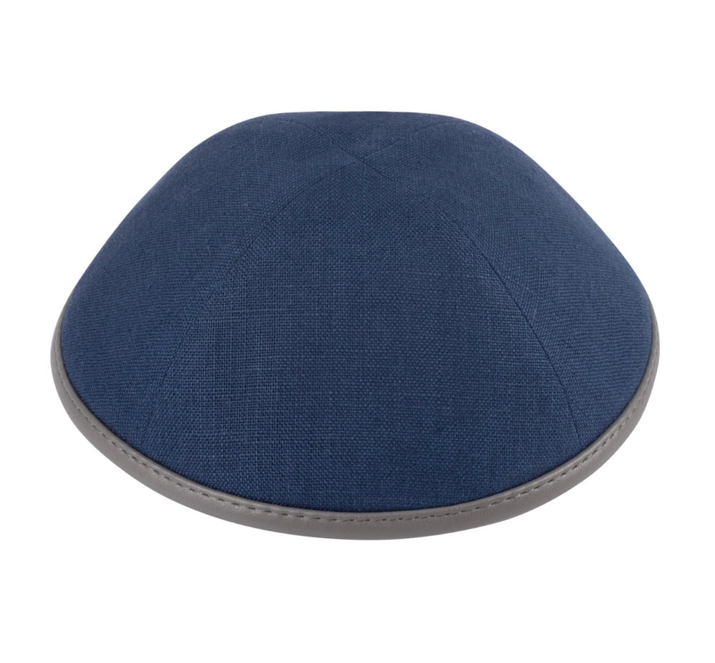 IKIPPAH | NAVY LINEN W/ GRAY LEATHER RIM YARMULKE