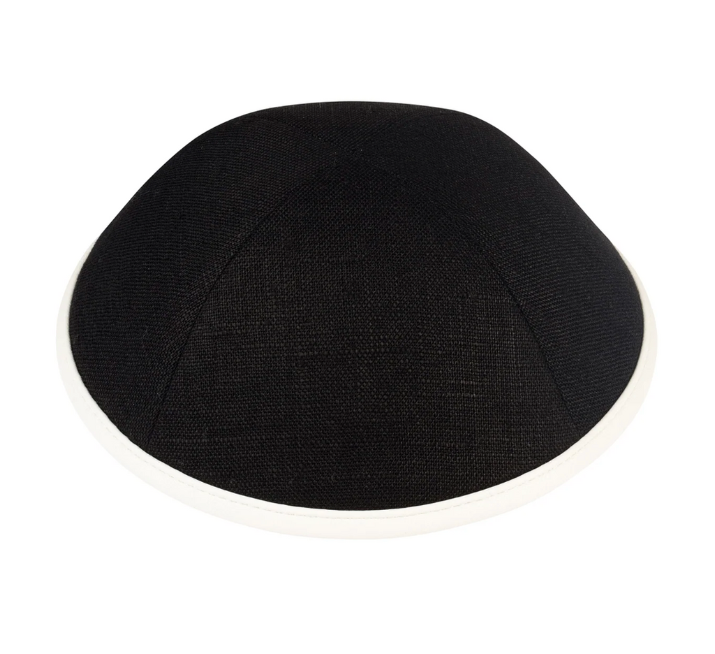 IKIPPAH | BLACK LINEN W/ LEATHER RIM YARMULKE